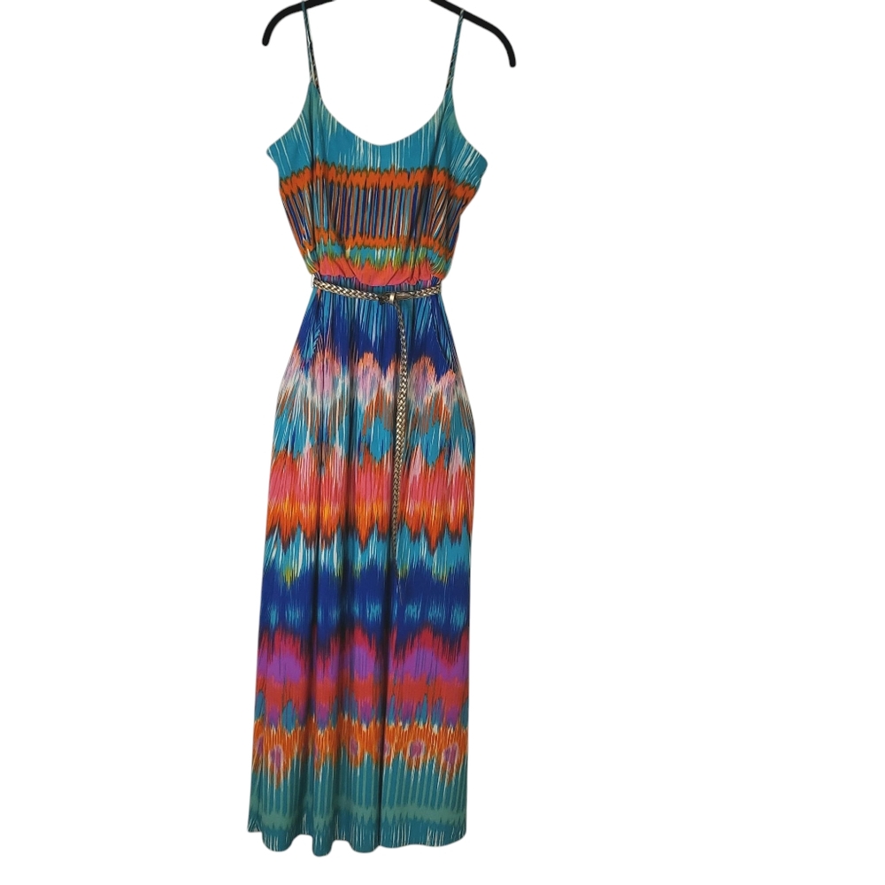 Colorful Summer Vacation Women's Maxi Dress Bisou Bisou Sz 10 Medium w/ pockets